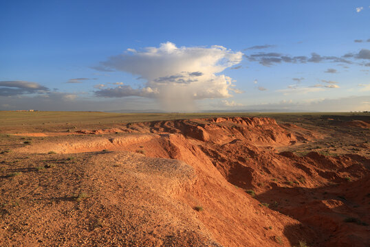 The rock formations of Bayanzag flaming cliff at sunset, Mongolia © Stefano
