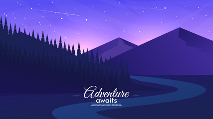 Flat style night landscape. Vector illustration. Road with forest and mountains. Starry sky. Design for wallpaper, postcard, banner.