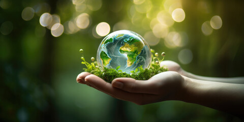 Hands holding crystal glass globe and growing tree in green forest, Saving environment, Environment concept, Save clean planet, Ecology concept, Card for World Earth Day, generative ai