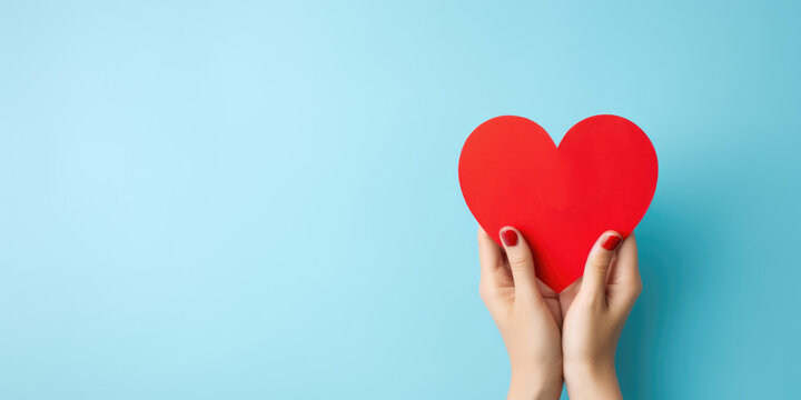 Young women hands holding paper red heart, health care, donate and family insurance concept, world heart day, world health day, CSR responsibility, Valentine's day, generative ai