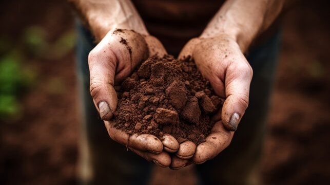 Close up of human hands holding compost soil, agriculture. AI generative.