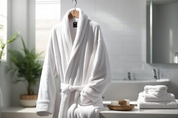 A white bathroom on the edge of the washbasin is a white robe on a clothes hanger. nearby there are prenadlezhnosti for washing soap and towels - obrazy, fototapety, plakaty
