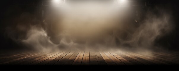 Empty misty dark stage background, fog, and brown spotlights. Showcasing artistic works and products. AI generative.