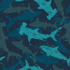 Sharks silhouettes seamless pattern. Urban pattern. Pattern with abstract shark symbols, design elements. Can be used for invitations, greeting cards, scrapbooking, print, textile, manufacturing.