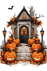 A group of pumpkins sitting in front of a house. Digital image. Halloween decor.