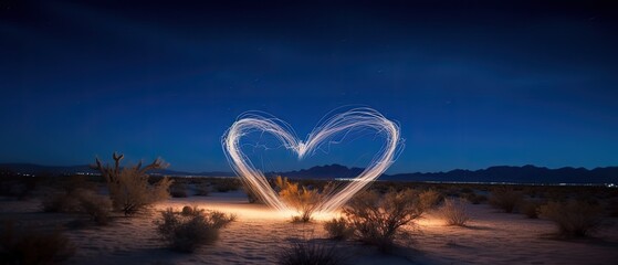 a luminescent heart by long exposure times in colors, a desert setting in a Photography-themed image as a JPG horizontal format. generative ai