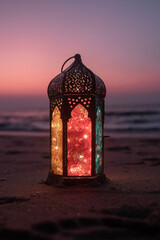 Ramadan Kareem and Eid Mubarak background, Colourful lantern lamp on the beach