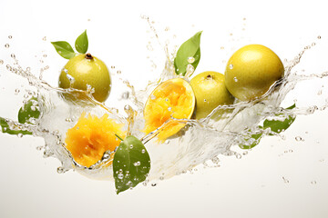 Passionfruit falling into water 