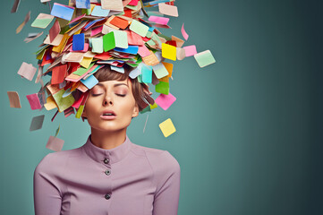 Tired woman covered with colorful sticky notes. too many responsibilities. Generative Ai.