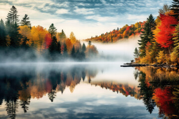 Naklejka na ściany i meble Autumn in the mountains and on a lake