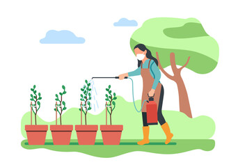 Woman in garden sprays pesticides on plants to control pests. Agriculture work. Herbicides sprayer. Female gardener caring of seedlings in pots. Fertilizer equipment. Vector concept