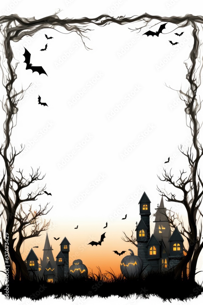 Aufkleber a halloween scene with a castle and bats. digital image. frame with copy space.
