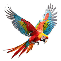 Fototapeta premium a Macaw in-flight, 3/4 view as a transparent PNG Nature-themed, photorealistic illustration. Generative ai