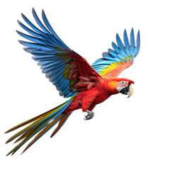 a Macaw in-flight, 3/4  view as a transparent PNG Nature-themed, photorealistic illustration. Generative ai