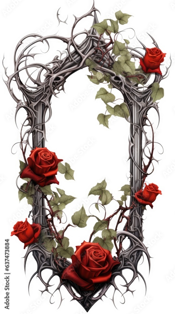 Poster a picture frame with red roses and vines. digital image. frame with copy space.