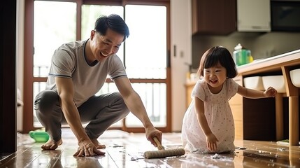 Parent and kid clean up the house together, asian dad and daughter - obrazy, fototapety, plakaty