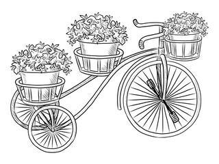 Fototapeta na wymiar BLACK VECTOR ISOLATED ON A WHITE BACKGROUND DOODLE ILLUSTRATION OF A FLOWER STAND IN THE FORM OF A TRICYCLE AND FLOWERING PLANTS ON IT