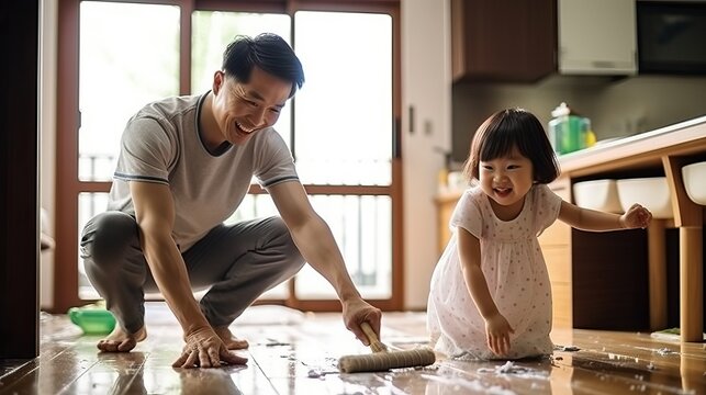 Parent And Kid Clean Up The House Together, Asian Dad And Daughter