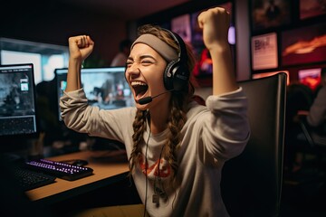 Female gamer celebrate win an online video game