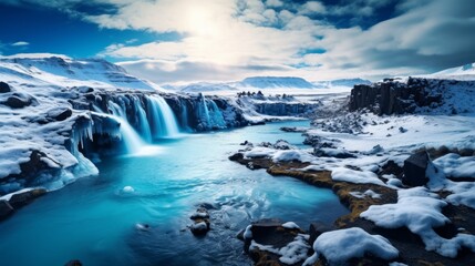 Fototapeta premium Iceland the Country of Vulcans, Hot Springs, Ice, Waterfalls, Unspoken Weather, Smokes, Glaciers, Strong Rivers, Beautiful Colorful Wild Nature, Lagoons, Amazing Animals, Aurora, generative ai