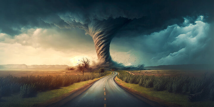 The picture shows a tornado in a stormy landscape. It symbolizes the influence of climate on severe weather conditions. Artists report the need to raise awareness of environmental measures.