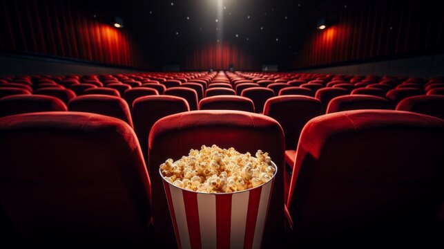 Interior of empty cinema with rows of red seats with cup holders and popcorn. Concept of entertainment. 3d rendering toned image generative ai