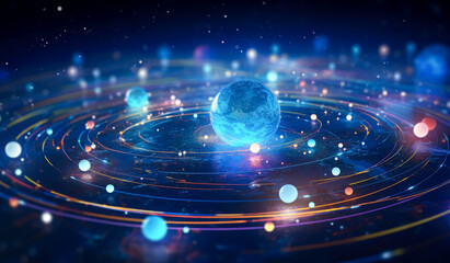 Obraz premium Futuristic blue tech city background featuring astronomy world with blue lines and colorful circles, intertwined networks.