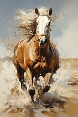 Obraz premium A painting of a horse running in the sand. Digital image.