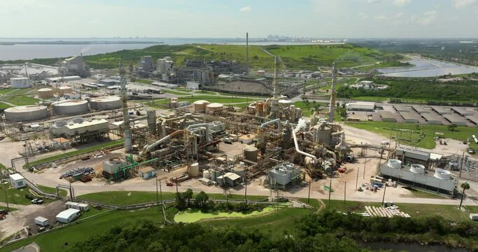 Factory for handling and processing of phosphates emitting toxic vapors polluting air. Mosaic Riverview Plant in Tampa, Florida. Industrial facility for chemical production of phosphoric acid