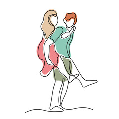 Couple having fun continuous line colourful vector illustration