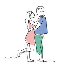 Romantic couple hugging continuous line colourful vector illustration