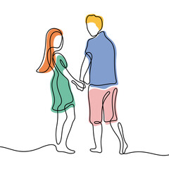 Romantic couple hugging continuous line colourful vector illustration
