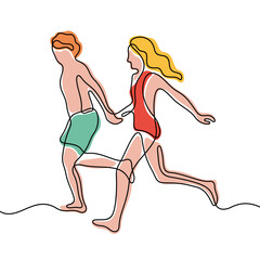 Couple in swimming suits running holding hands continuous line colourful vector illustration