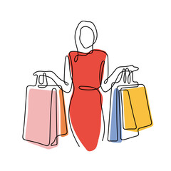 Woman with shopping bags continuous line colourful vector illustration