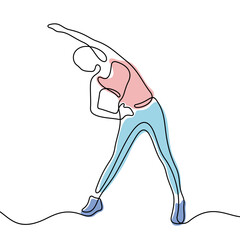 Woman doing fitness exercises continuous line colourful vector illustration.