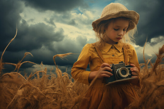 Little girl with camera in the field