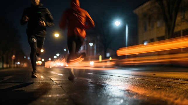 People run in the city, marathon time lapse blur photo