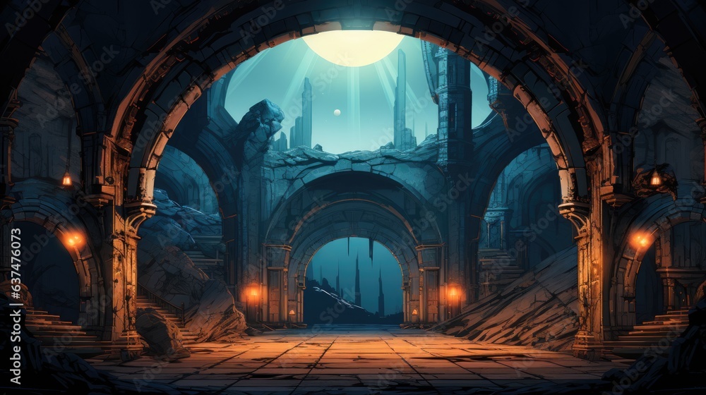 Poster a dimly lit archway in a fantasy setting. digital image.