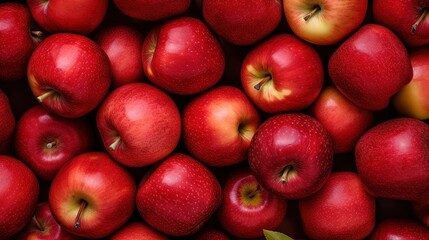  a pile of red apples with green leaves on top of them.  generative ai