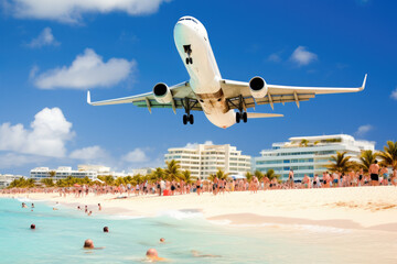 Fototapeta na wymiar Plane landing in an airport situated near a beach crowded of people. 