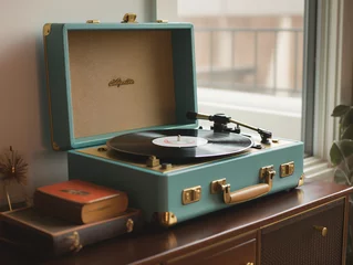 Fototapete Musikladen Vintage record player with vinyl records