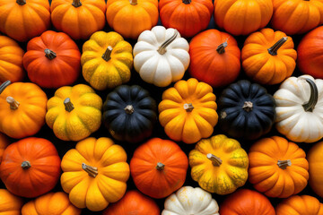Multicoloured pumpkins top view. Perfect background 