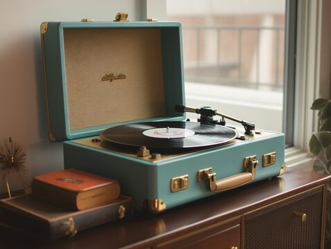 Vintage record player with vinyl records