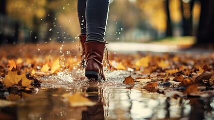 Leg of person walking in puddle in autumn - obrazy, fototapety, plakaty