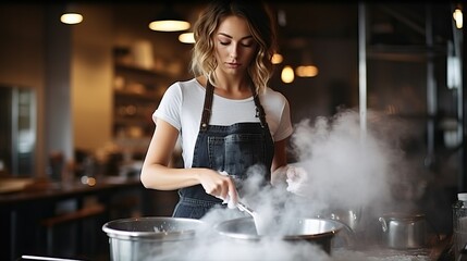 Woman make ice-cream with liquid nitrogen.