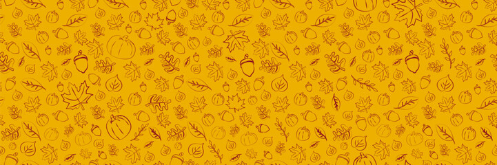 Seamless Hand drawn Orange Autumn Background pattern. Sketched outlines of pumpkin, acorn, leaves, nuts, maple leaf, flowers, birch leaves. Vector Illustration. 