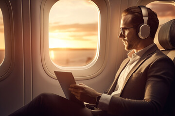 Airplane Luxruy Business Class Travel. Man Passenger enjoying comfortable flight wearing suit and listening to headphones reading on tablet. Image made with Generative AI and perfected in Photoshop - 637476663