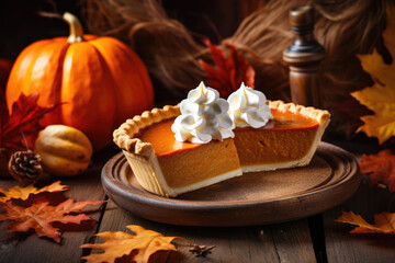 Fototapeta na wymiar Pumpkin pie surrounded by fall leaves