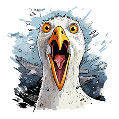 humorous illustration with bird portrait.  a seagull takes center stage with its large beak wide open in a comical display. Funny marine character. print for t-shirt
