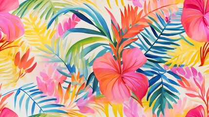 Fototapeta na wymiar Seamless pattern of palm leaves and tropical flowers. Generated by AI